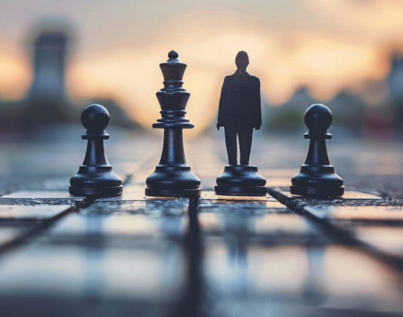 The photo is of a chessboard with a person standing in the middle. The person is looking at the camera. There are chess pieces on the board. The photo is taken from a low angle.